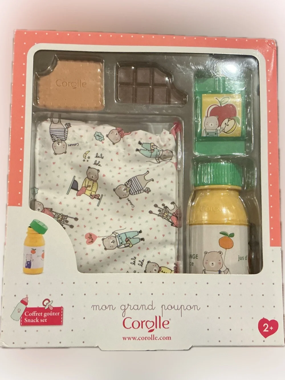Corolle Baby Doll Snack Set in Green and Pink with Cloth Bag